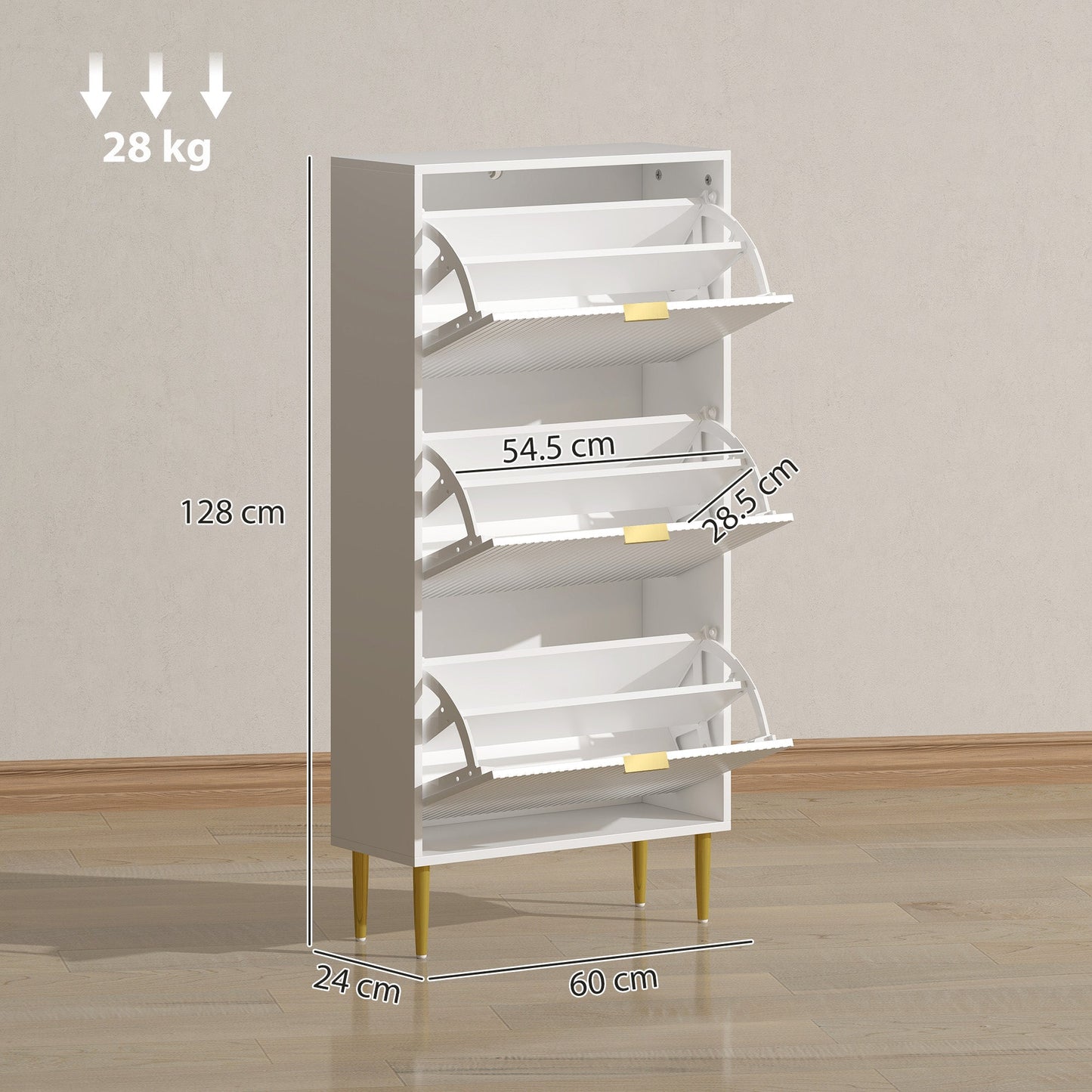 HOMCOM Elegant Three-Drawer Shoe Cabinet - White