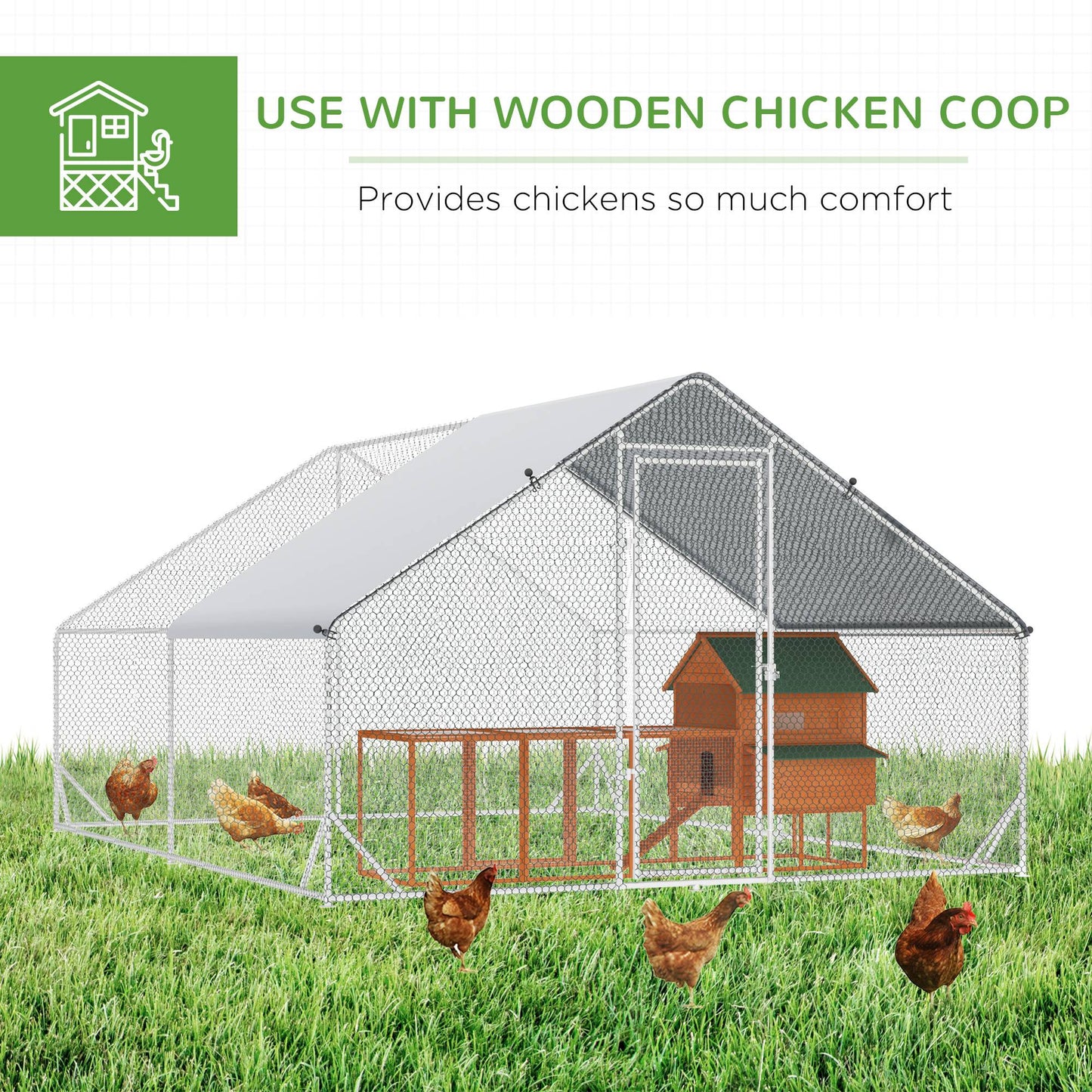 PawHut Walk In Chicken Run، حظيرة الدجاج المجلفنة، قفص الدواجن، قفص أرنب للحيوانات الأليفة، فناء خلفي مع غطاء مقاوم للماء، 3 × 4 × 2 متر