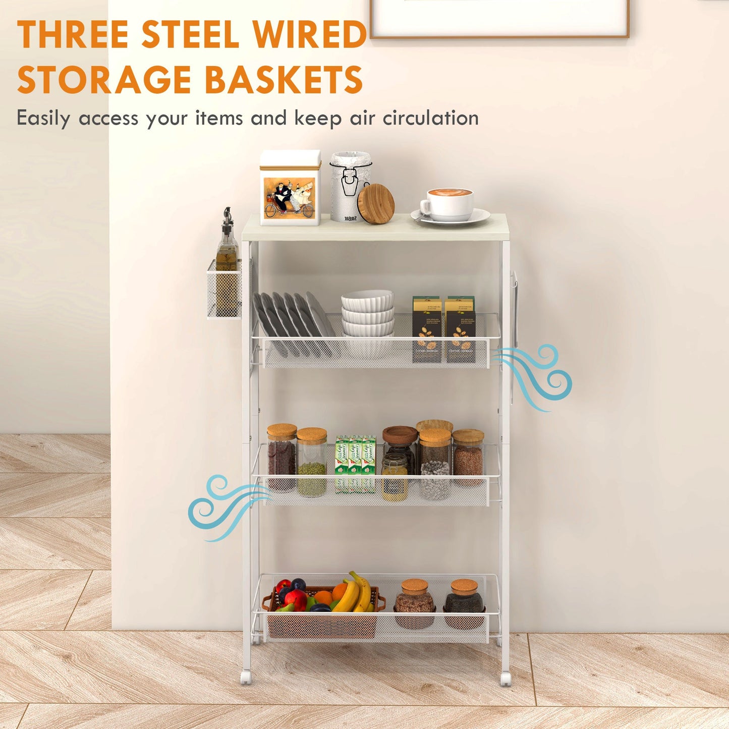 HOMCOM 3-Tier Kitchen Cart with 3 Steel Wire Baskets - White