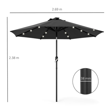 Outsunny â2.7m Garden Parasol Solar Outdoor Tilt Sun Umbrella Patio Sun Shade w/ 24 LED Light, Hand Crank and 8 Ribs, Black