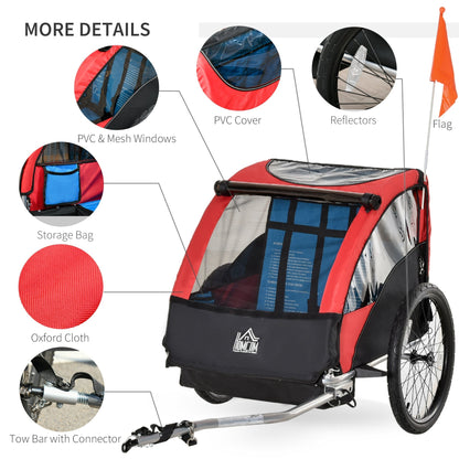 Trailer for Kids Child Bike Foldable 2-Seat Baby Transport Carrier with Storage Bag Five-point Safety Harness Red