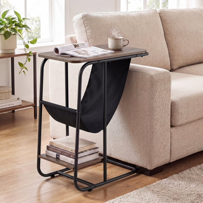 C-Shaped End Table with Canvas Book Holder and Bottom Storage Shelf-Ruticbrown