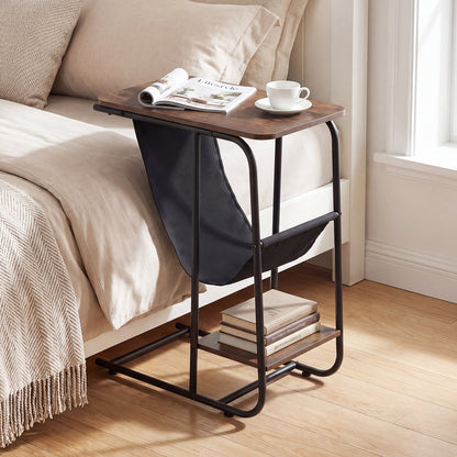C-Shaped End Table with Canvas Book Holder and Bottom Storage Shelf-Ruticbrown