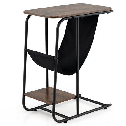 C-Shaped End Table with Canvas Book Holder and Bottom Storage Shelf-Ruticbrown