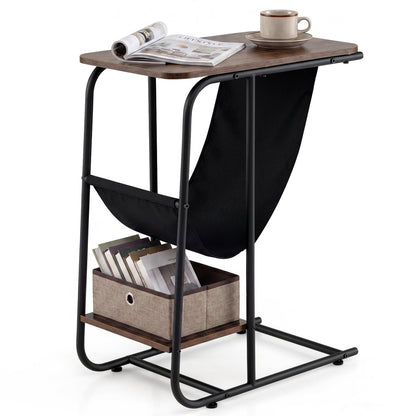 C-Shaped End Table with Canvas Book Holder and Bottom Storage Shelf-Ruticbrown