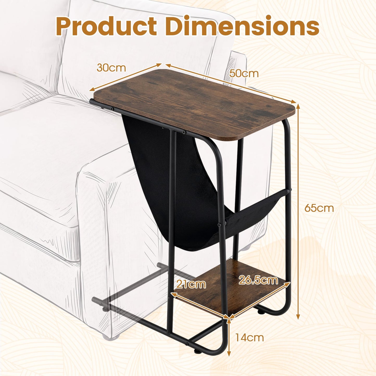 C-Shaped End Table with Canvas Book Holder and Bottom Storage Shelf-Ruticbrown