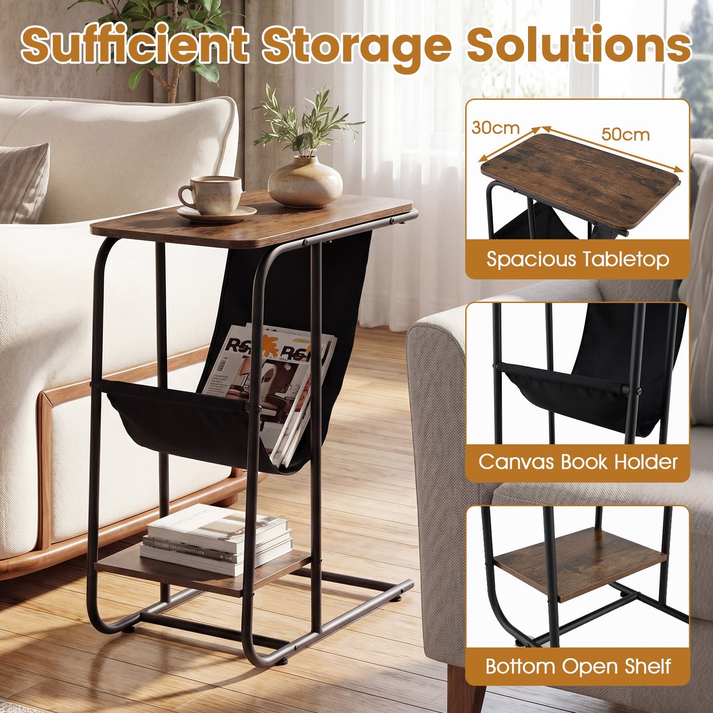 C-Shaped End Table with Canvas Book Holder and Bottom Storage Shelf-Ruticbrown