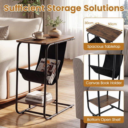 C-Shaped End Table with Canvas Book Holder and Bottom Storage Shelf-Ruticbrown