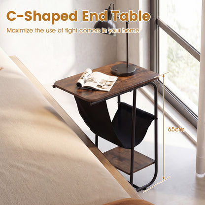 C-Shaped End Table with Canvas Book Holder and Bottom Storage Shelf-Ruticbrown