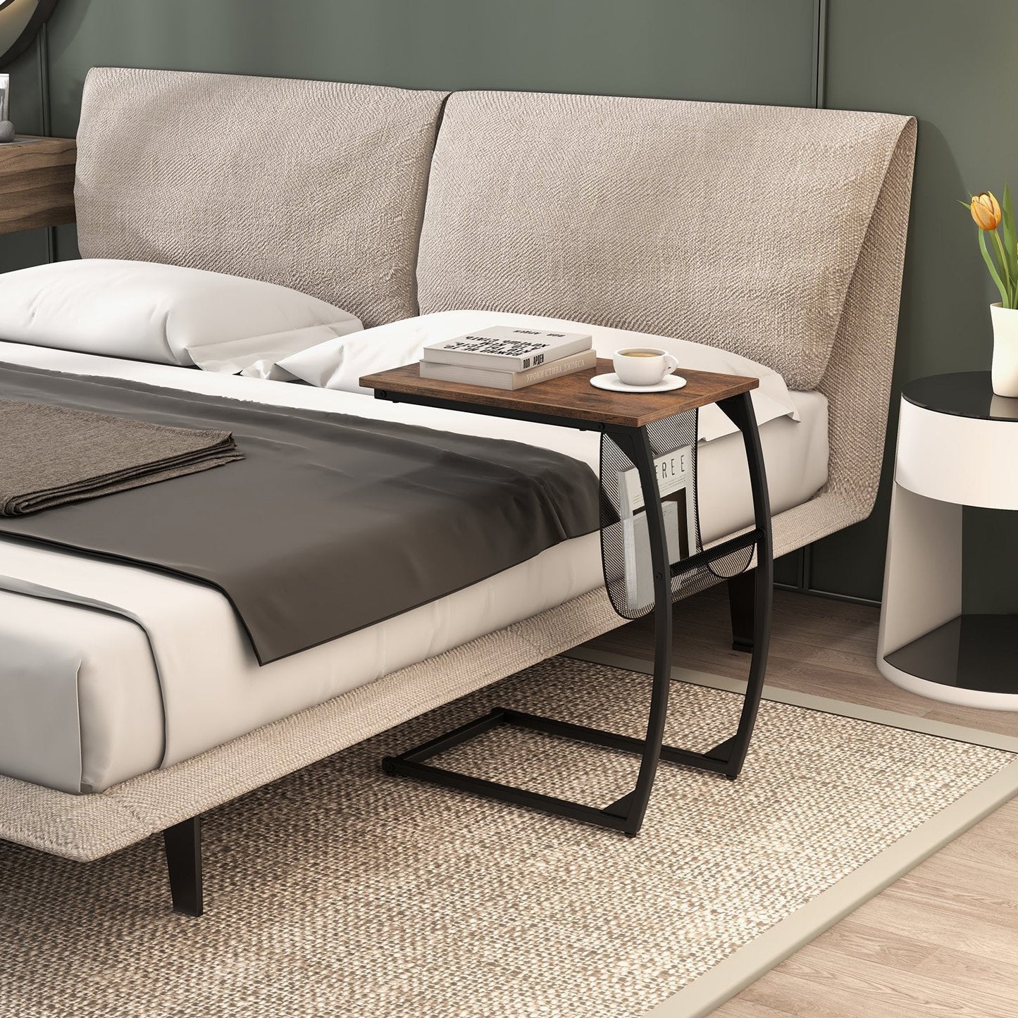 C-Shaped Compact Sofa Side Snack Table for Small Space Living Room-Brown