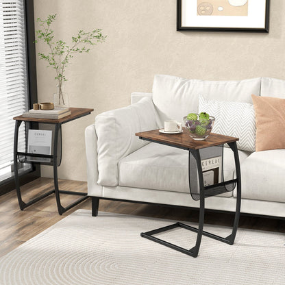 C-Shaped Compact Sofa Side Snack Table for Small Space Living Room-Brown