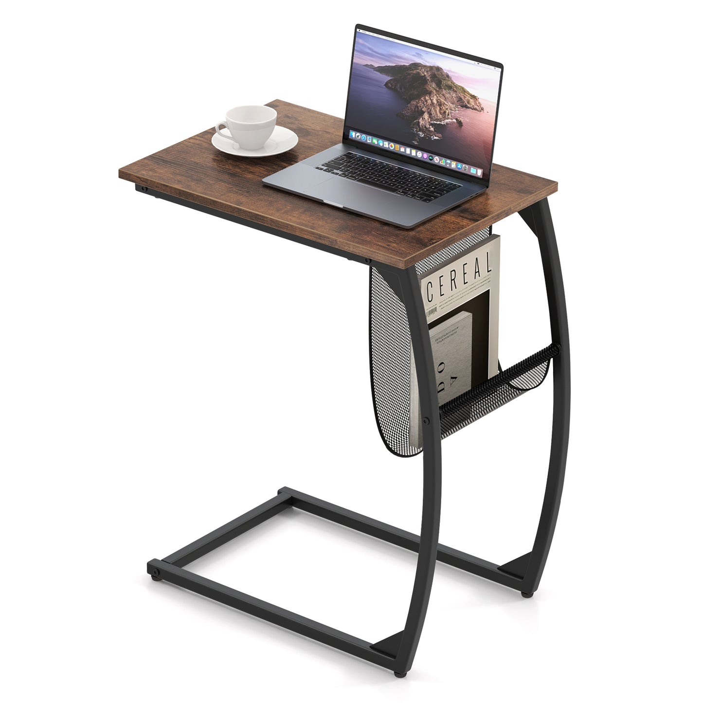 C-Shaped Compact Sofa Side Snack Table for Small Space Living Room-Brown