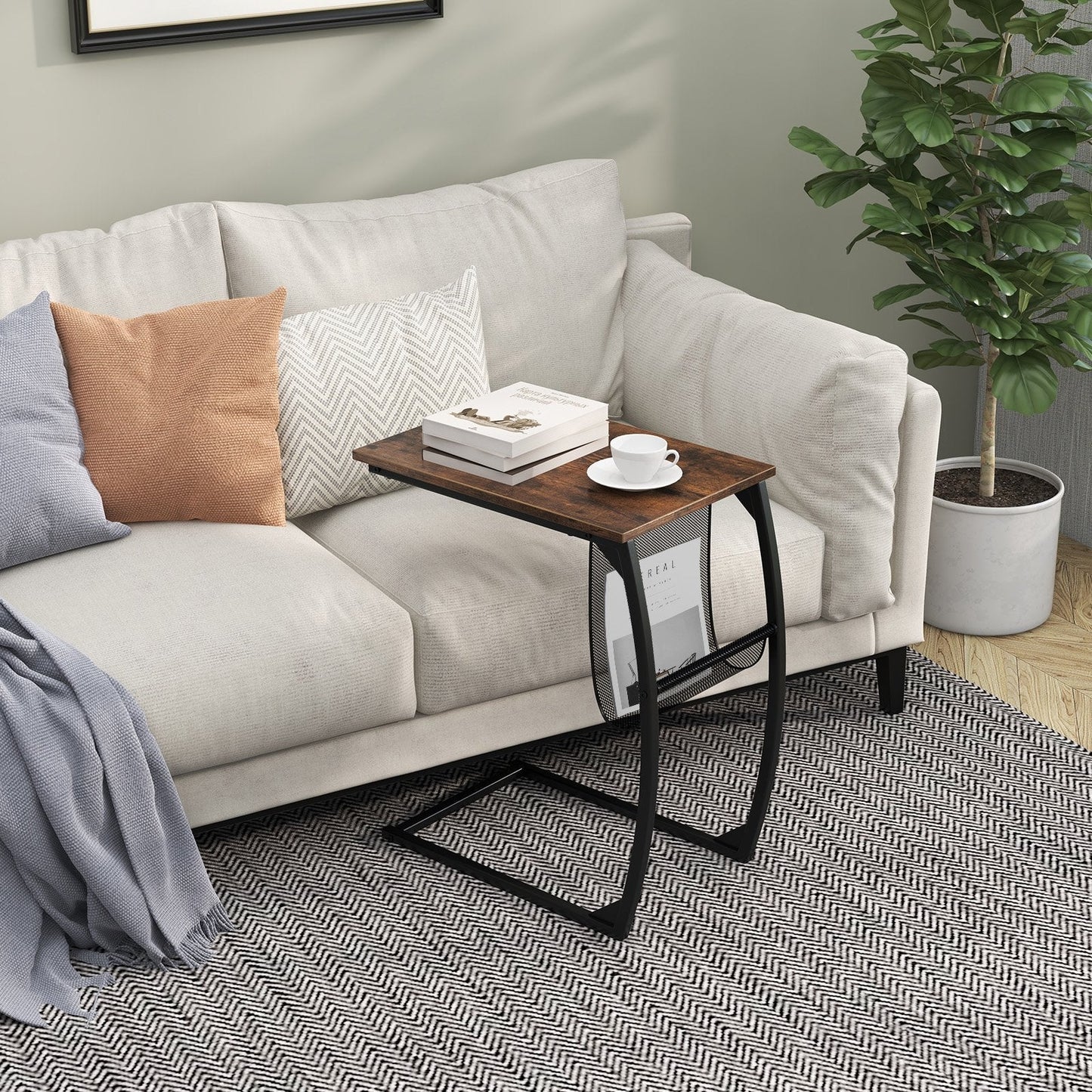 C-Shaped Compact Sofa Side Snack Table for Small Space Living Room-Brown