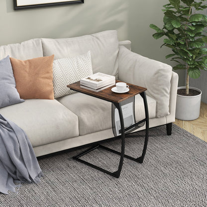 C-Shaped Compact Sofa Side Snack Table for Small Space Living Room-Brown