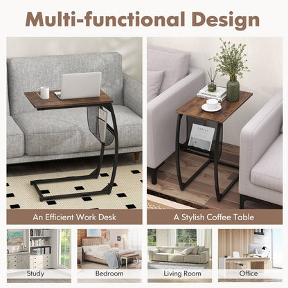 C-Shaped Compact Sofa Side Snack Table for Small Space Living Room-Brown