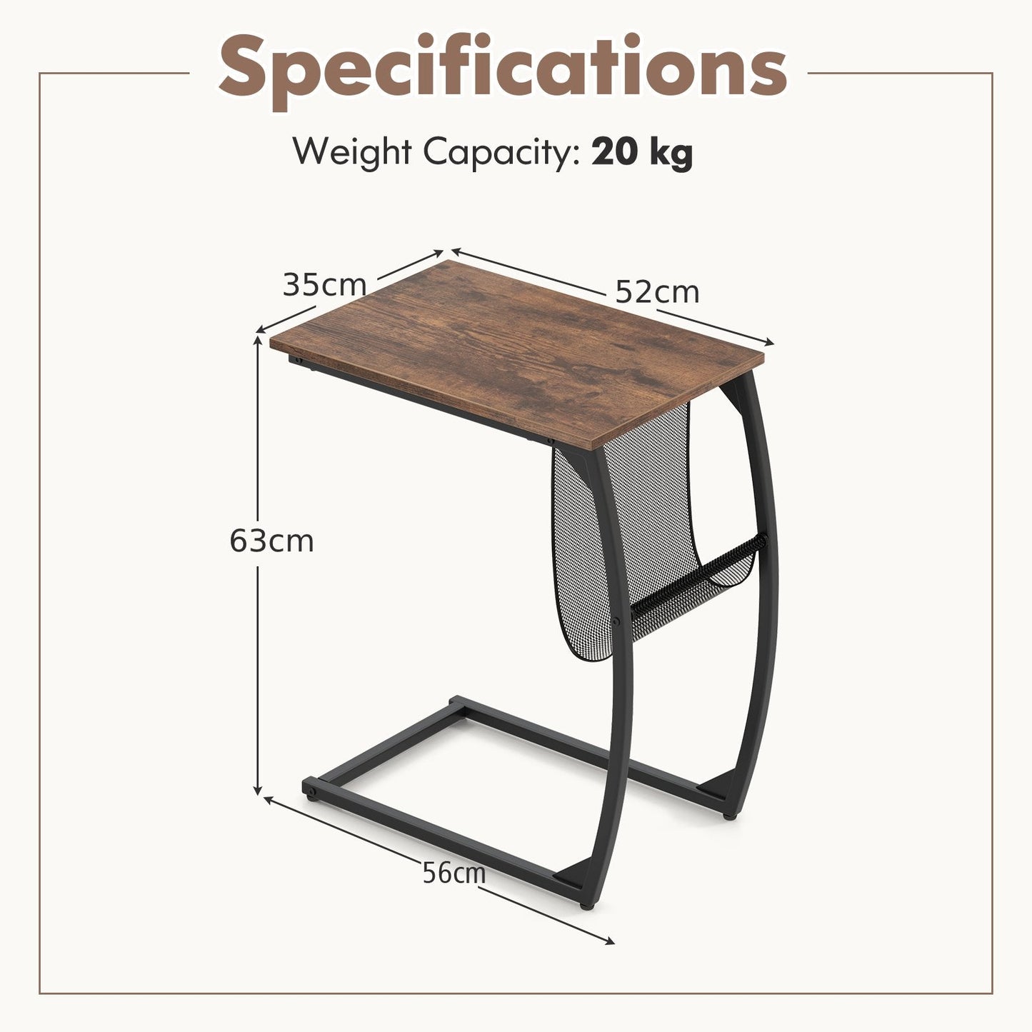 C-Shaped Compact Sofa Side Snack Table for Small Space Living Room-Brown