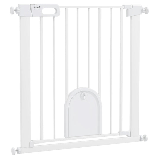 PawHut 75-82cm Pet Safet Gaye, Pressure Fit Stair, with Cat Flap, Double Locking, White
