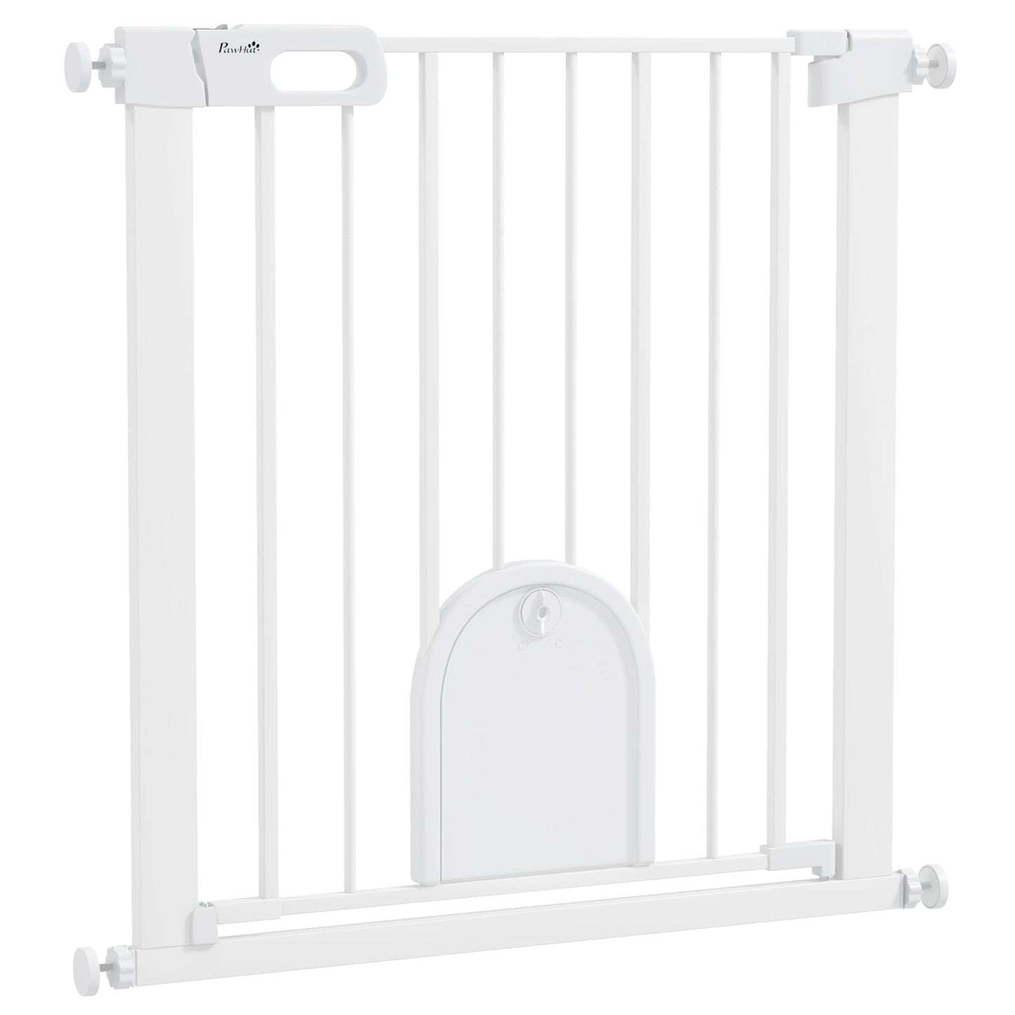 PawHut 75-82cm Pet Safet Gaye, Pressure Fit Stair, with Cat Flap, Double Locking, White
