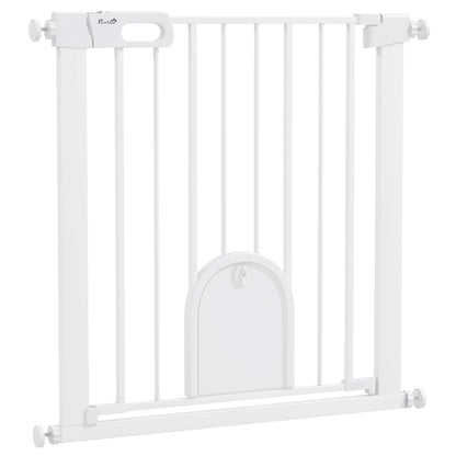 PawHut 75-82cm Pet Safet Gaye, Pressure Fit Stair, with Cat Flap, Double Locking, White