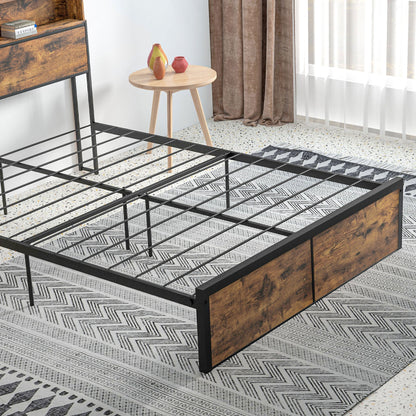 Retro Style Industrial Double Bed Frame, 4.8FT Steel Bed Base w/ Storage Headboard, Footboard, Under Bed Storage, 145 x 209cm, Rustic Brown