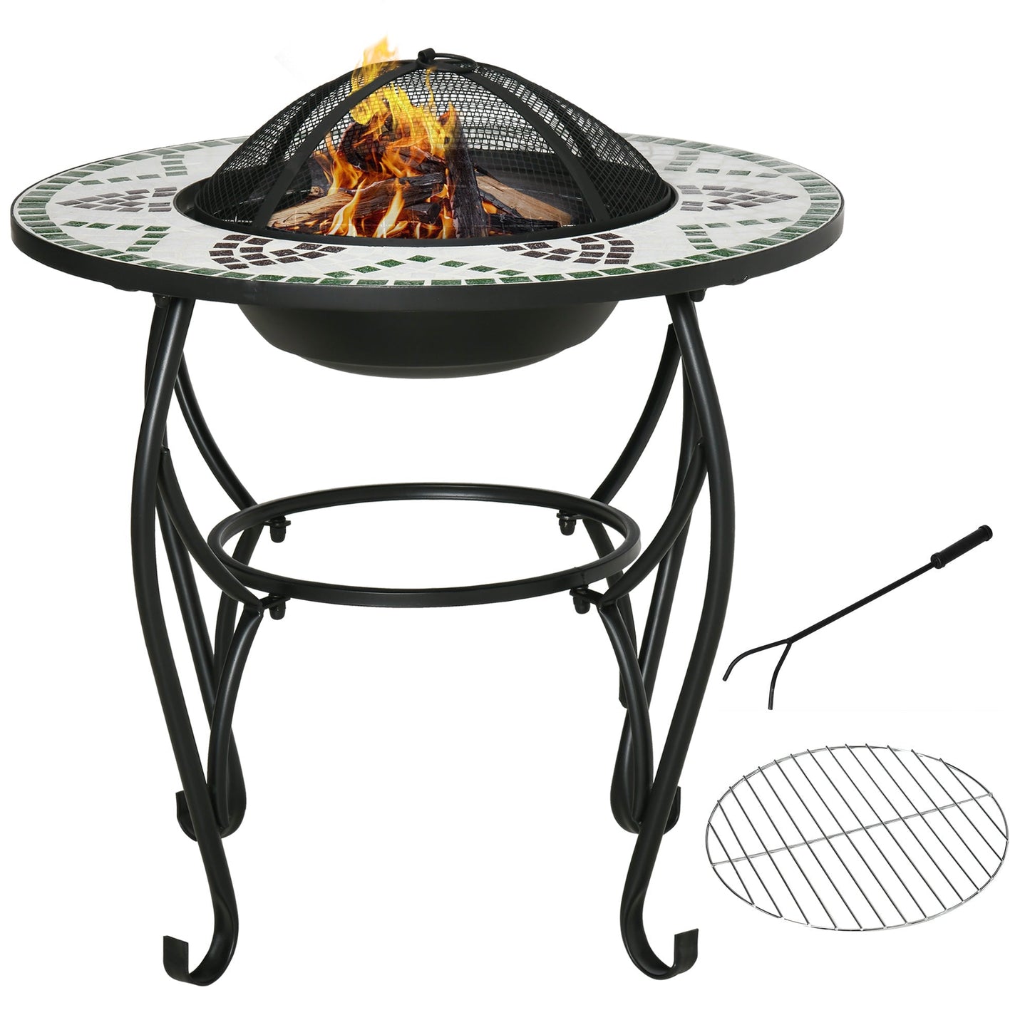 Outsunny 3-in-1 Outdoor Fire Pit, Garden Table with Cooking BBQ Grill, Firepit Bowl with Spark Screen Cover, Fire Poker for Backyard Bonfire Patio