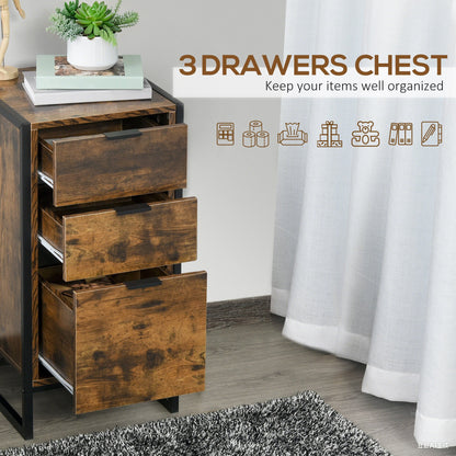 HOMCOM Bedroom Chest of Drawers, Industrial 3-Drawer Dresser, Storage Drawers Unit with Metal Frame for Living Room, Rustic Brown