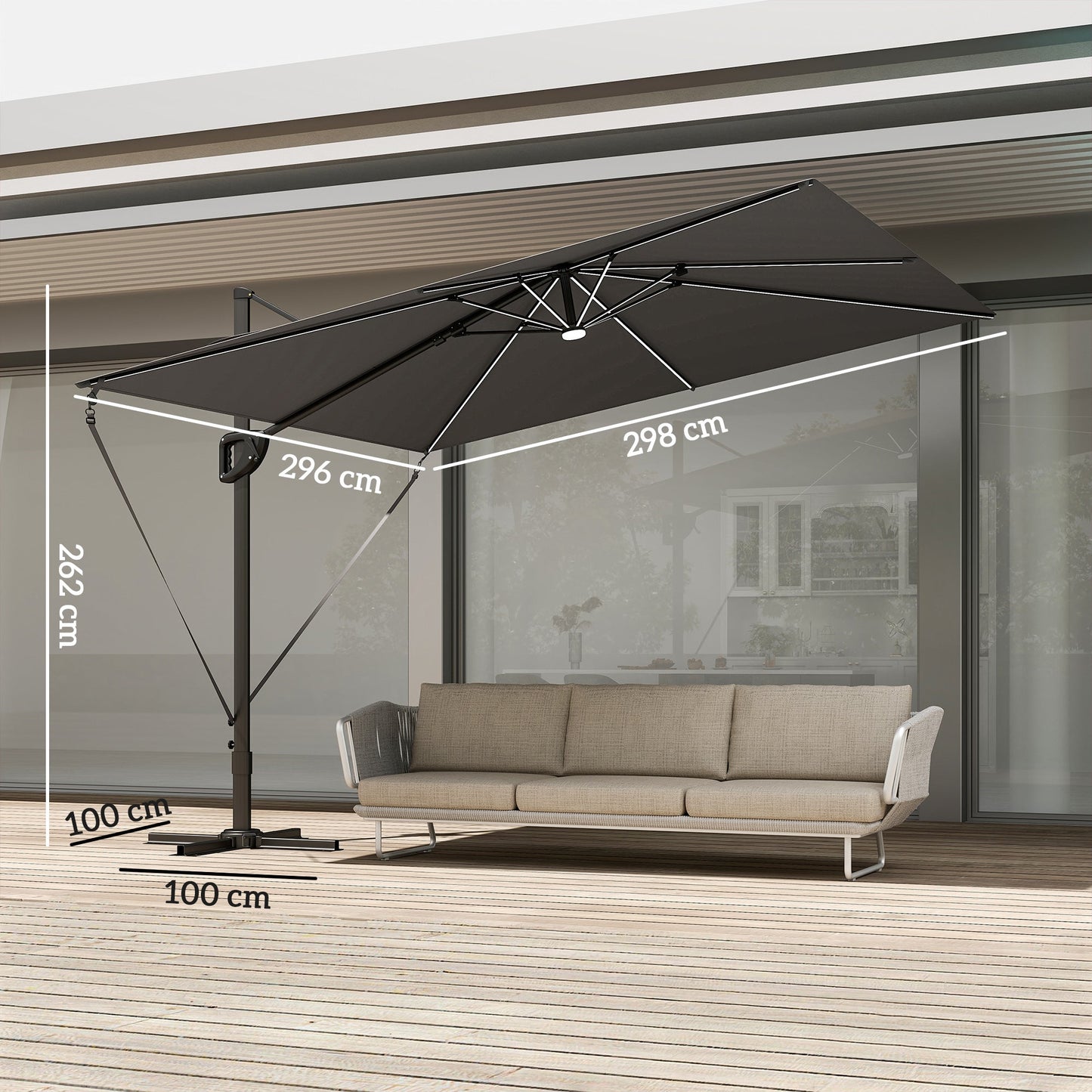 Outsunny 3 x 3 m Garden Cantilever Parasol w/ Light, Cover, UPF50+ Patio Umbrella w/ Wind Protection, 360 degrees Rotation, Dark Grey
