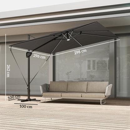 Outsunny 3 x 3 m Garden Cantilever Parasol w/ Light, Cover, UPF50+ Patio Umbrella w/ Wind Protection, 360 degrees Rotation, Dark Grey