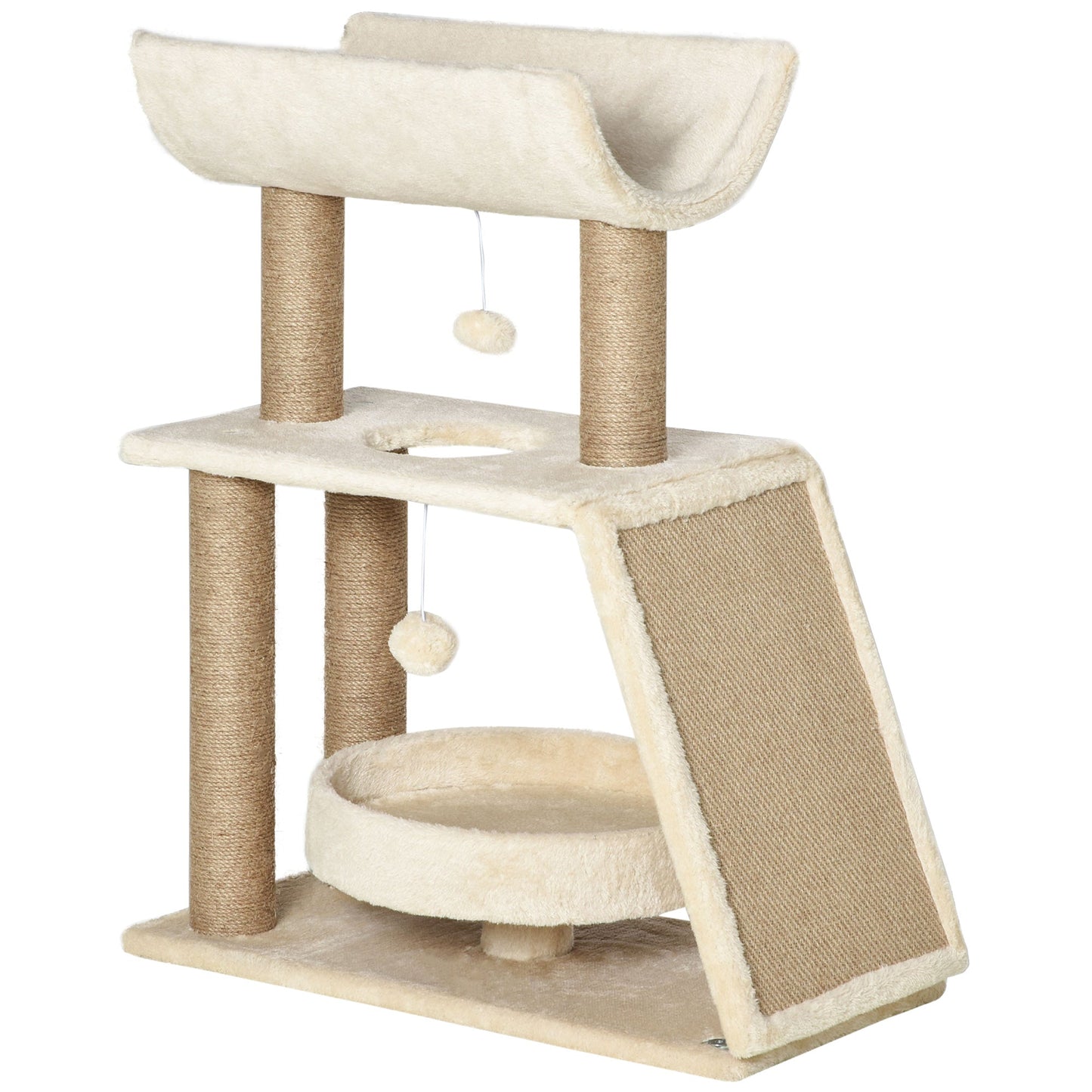 PawHut Cat Tree for Indoor Cats with Scratching Posts Pad, Kitten Tower with Bed Perch Ball Toy, 60 x 30 x 76 cm, Light Brown