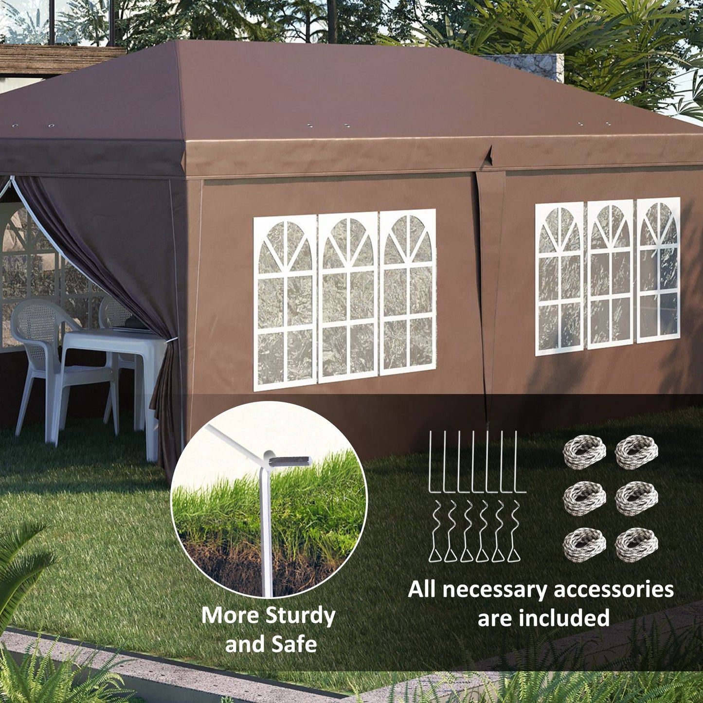 Outsunny 3 x 6 m Pop Up Gazebo with Sides and Windows, Height Adjustable Party Tent with Storage Bag for Garden, Camping, Event, Brown