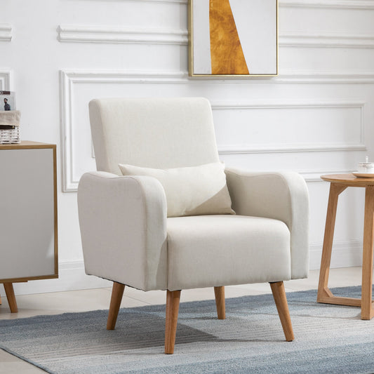 HOMCOM Accent Chair, Linen-Touch Armchair with Pillow, Upholstered Leisure Lounge Sofa for Living Room, Club Chair with Rubber Wooden Frame, Cream