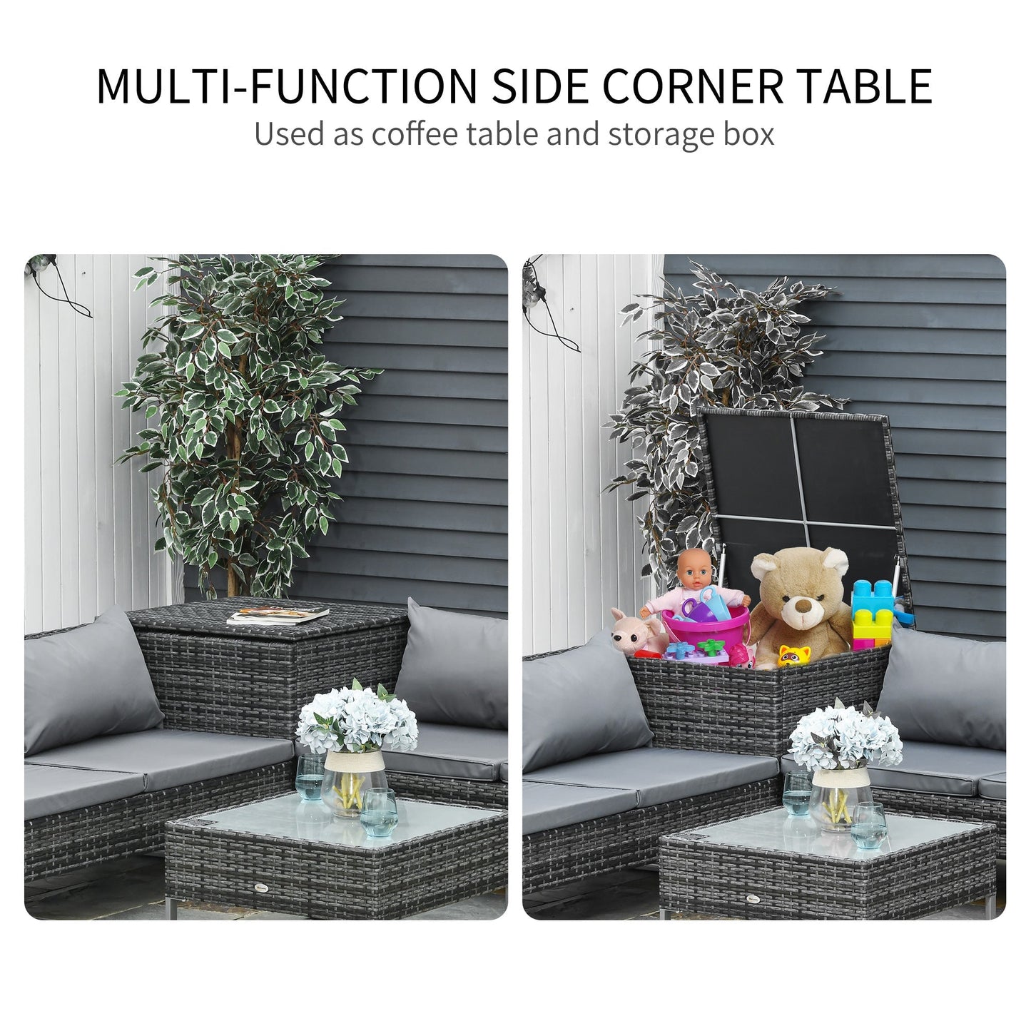 Outsunny 4 Piece Garden Rattan Wicker Outdoor Furniture Patio Corner Sofa Love Seat and Table Set  with Cushions Side Desk Storage - Mixed Grey