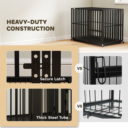 PawHut Heavy Duty Dog Crate, Dog Cage with Wheels for Extra Large Breeds, Metal Pet Kennel with Removable Tray