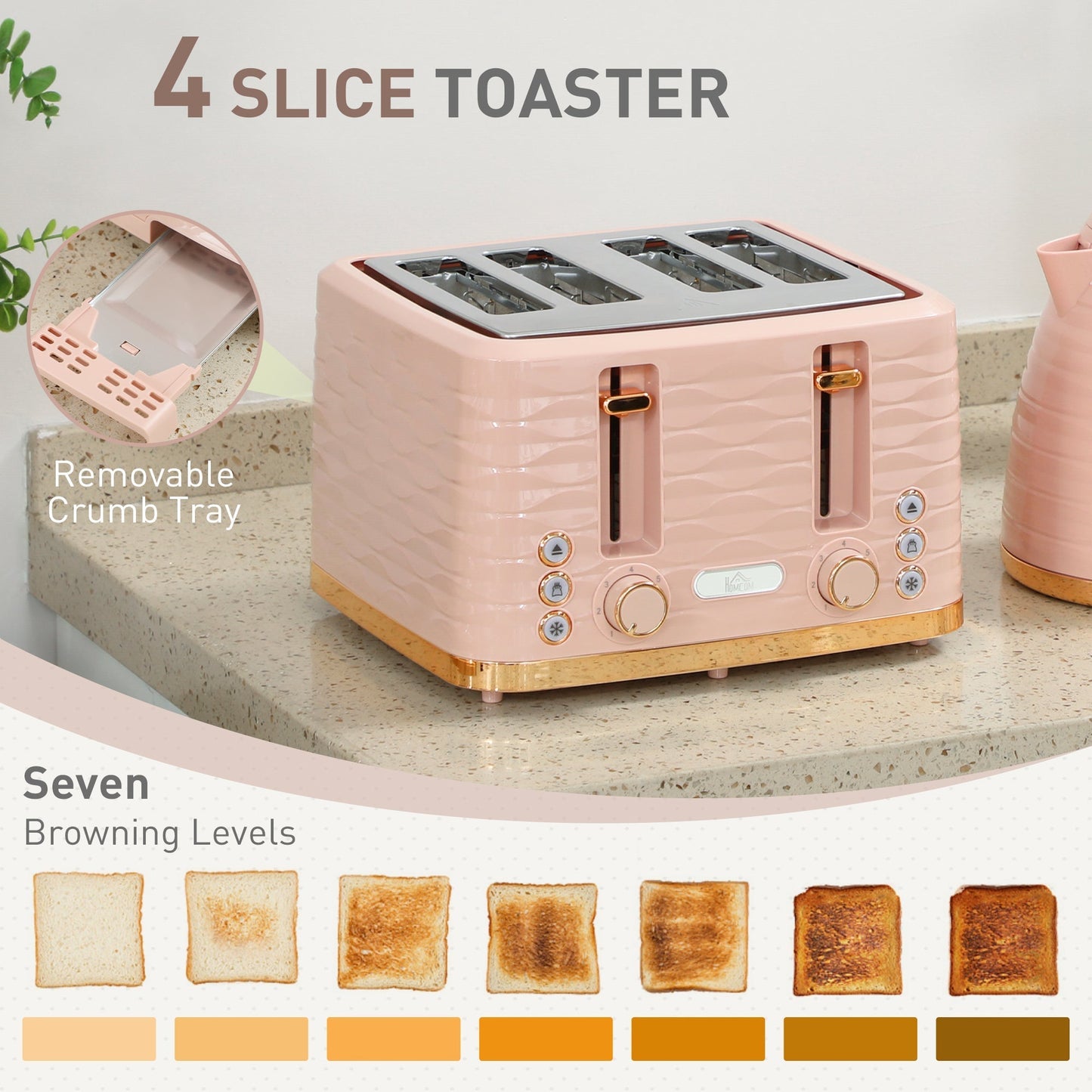 HOMCOM 3000W 1.7L Kettle & 4 Slice Toaster, Kettle and Toaster Set with 7 Browning Controls and Crumb Tray, Light Pink