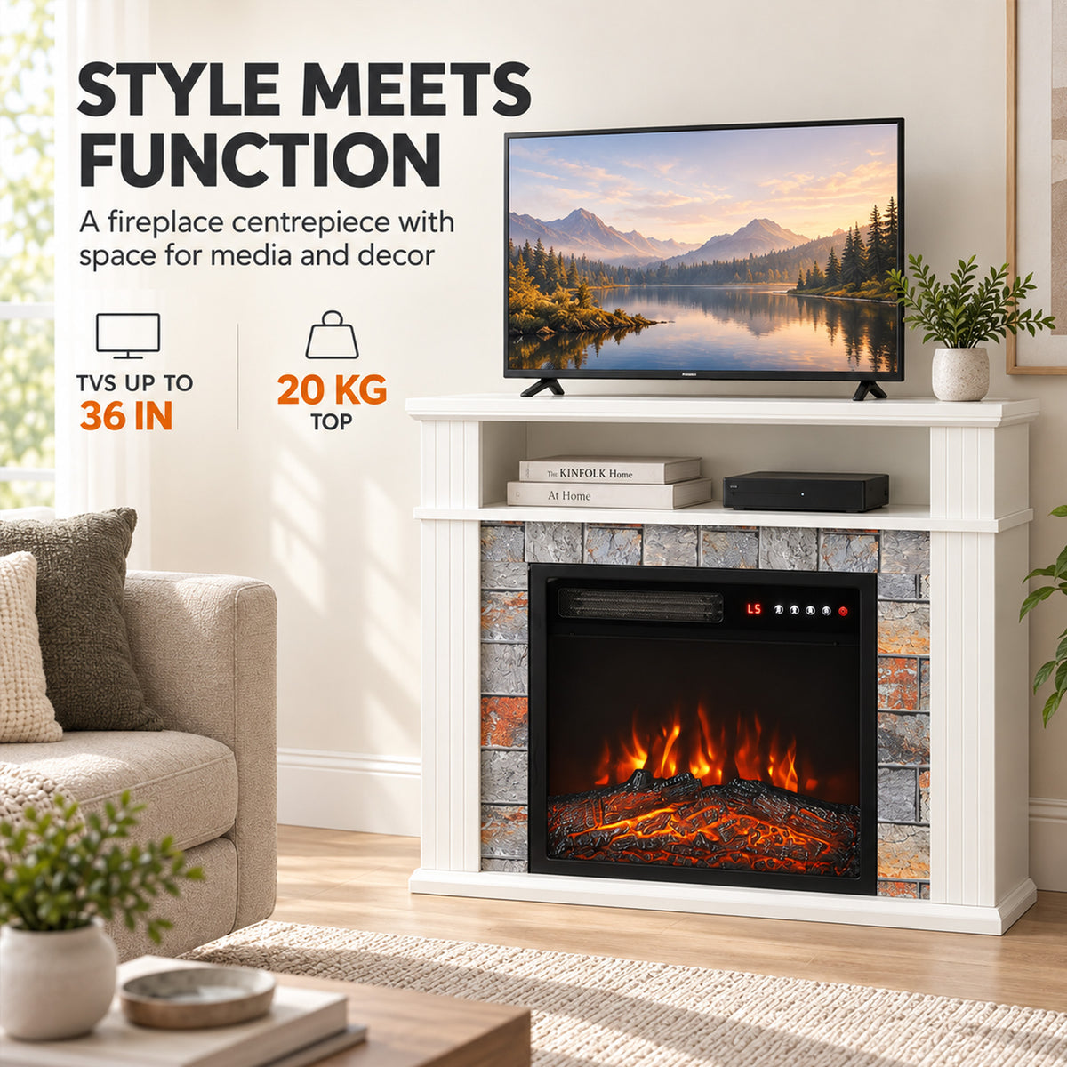 HOMCOM Freestanding Electric Fireplace Suite, 1800W, Open Shelf, Electric Fire and Surround with LED Flame, Remote, White