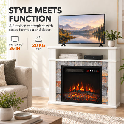 HOMCOM Freestanding Electric Fireplace Suite, 1800W, Open Shelf, Electric Fire and Surround with LED Flame, Remote, White