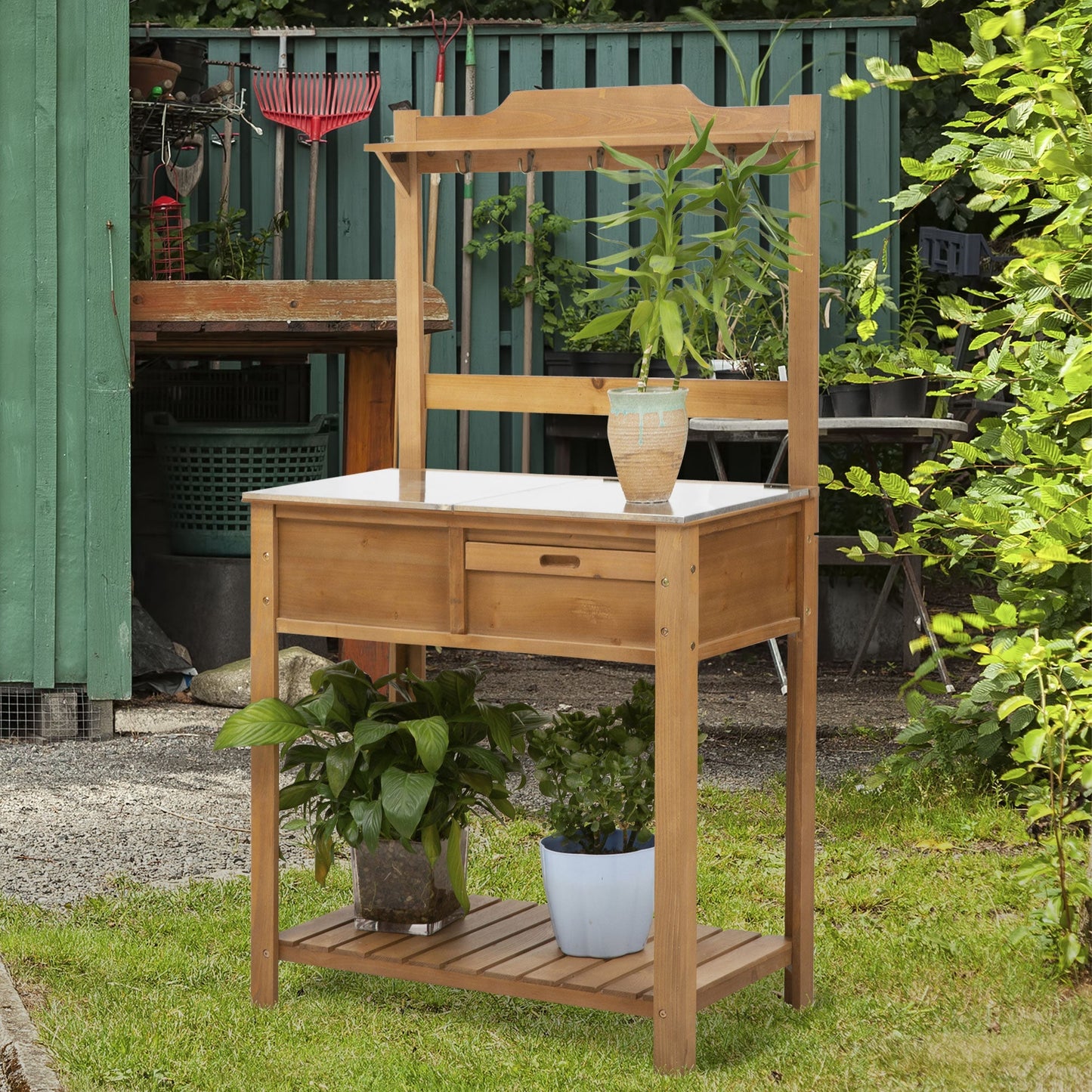 Outsunny Wooden Spacious Garden Potting Table with Large Storage Space Galvanized Metal Workstation Sink Shelves 80L x 42W x 142H cm