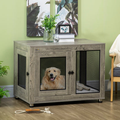 PawHut 2-in-1 Dog Cage & Side Table, with Two Doors, Cushion, for Large Dogs