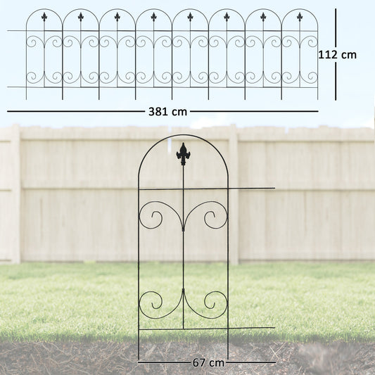 Outsunny Decorative Garden Fencing, 8PCs 44in x 12.5ft Outdoor Picket Fence Panels, Rustproof Metal Wire Landscape Flower Bed Border Edging, Black