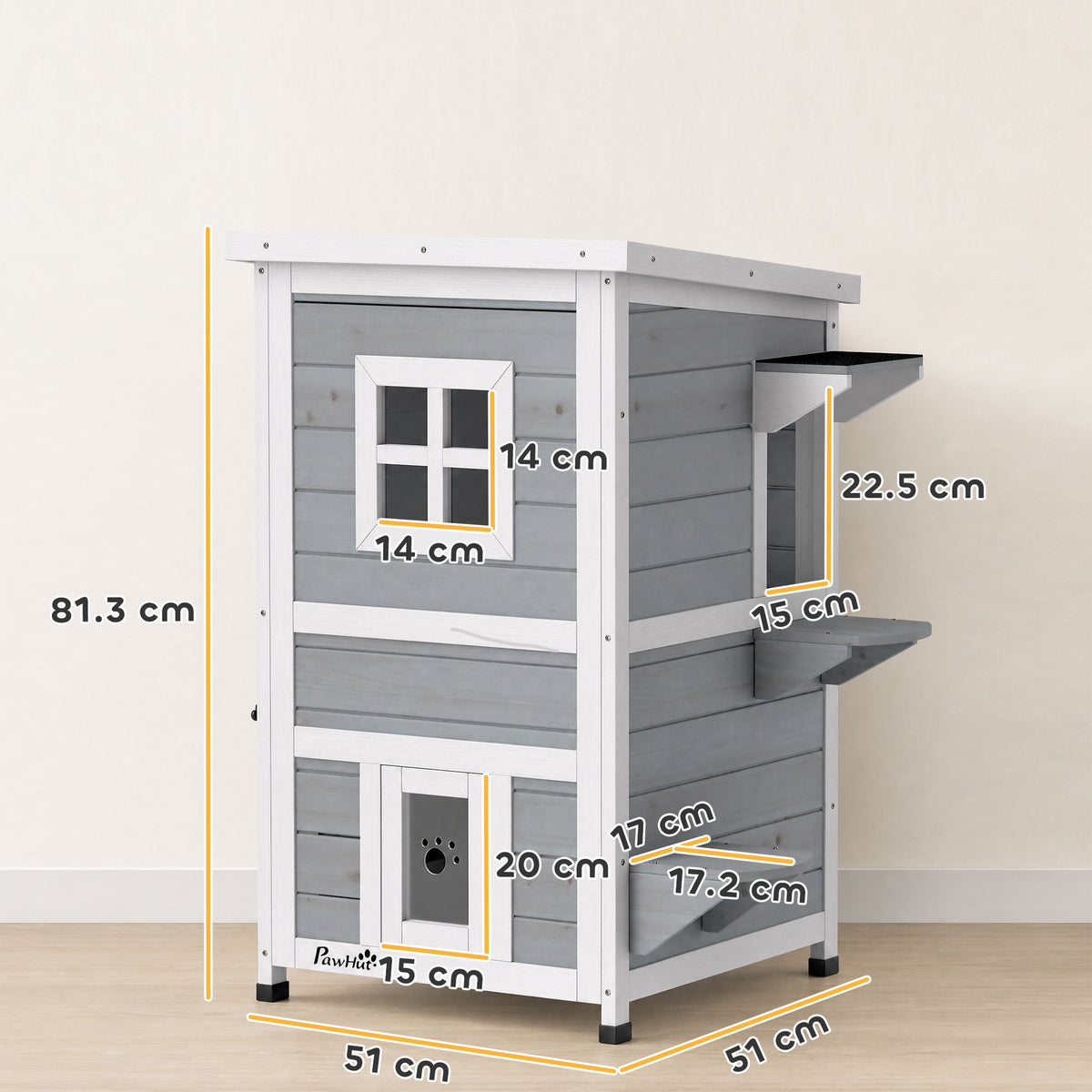 PawHut Wooden Cat House 2-Floor Outdoor Kitten Shelter with 3 Doors and Window Grey