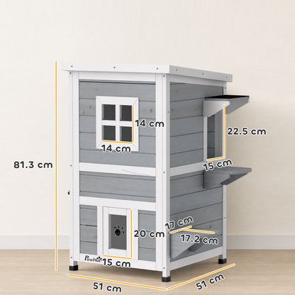 PawHut Wooden Cat House 2-Floor Outdoor Kitten Shelter with 3 Doors and Window Grey
