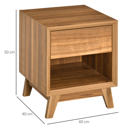 HOMCOM Modern Bedside Table Nightstand, Living Room End Table, Side Table with Drawer and Shelf, Walnut Brown