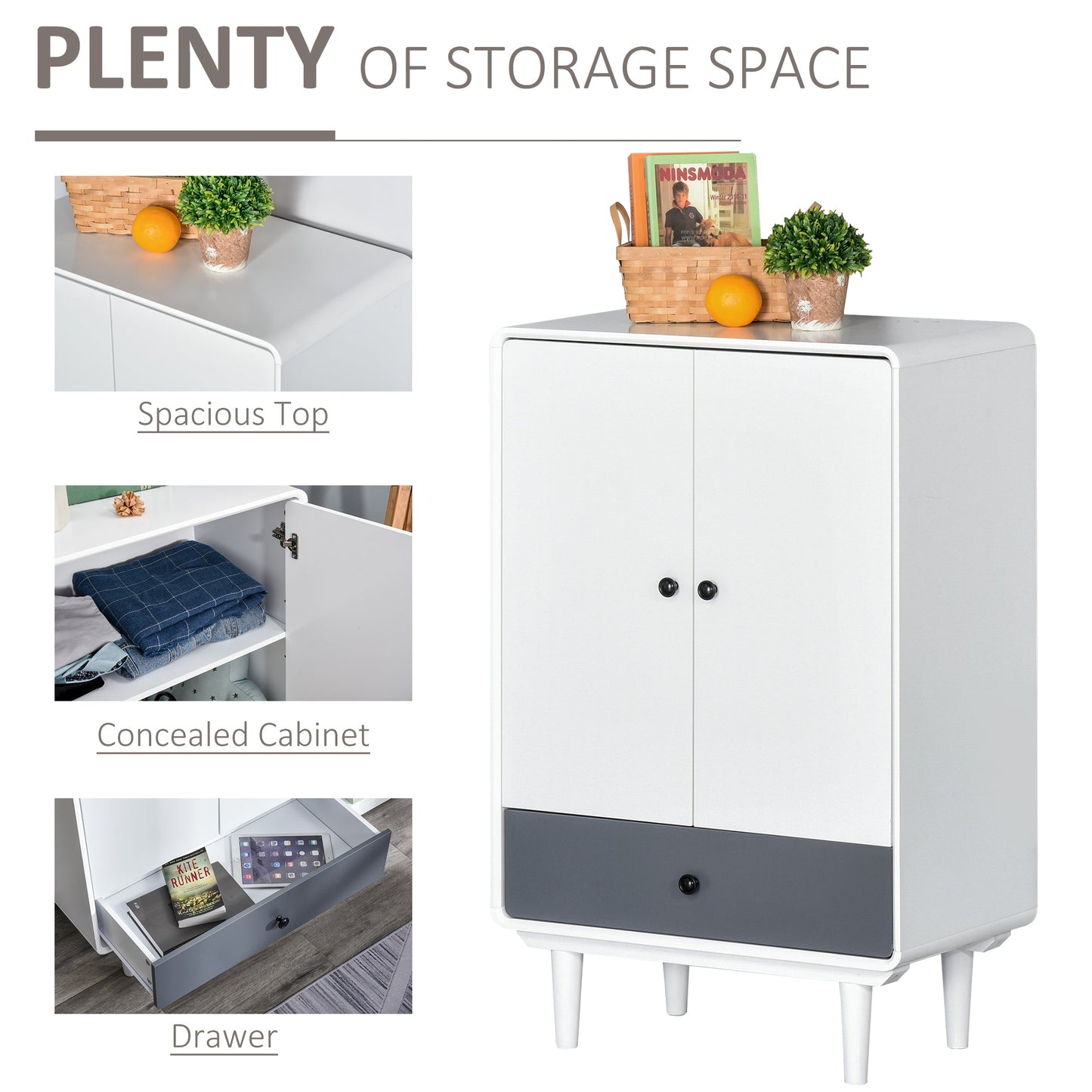 HOMCOM Modern Cabinet Storage, with Doors & Drawer, for Bedroom, Living Room Ð White & Grey