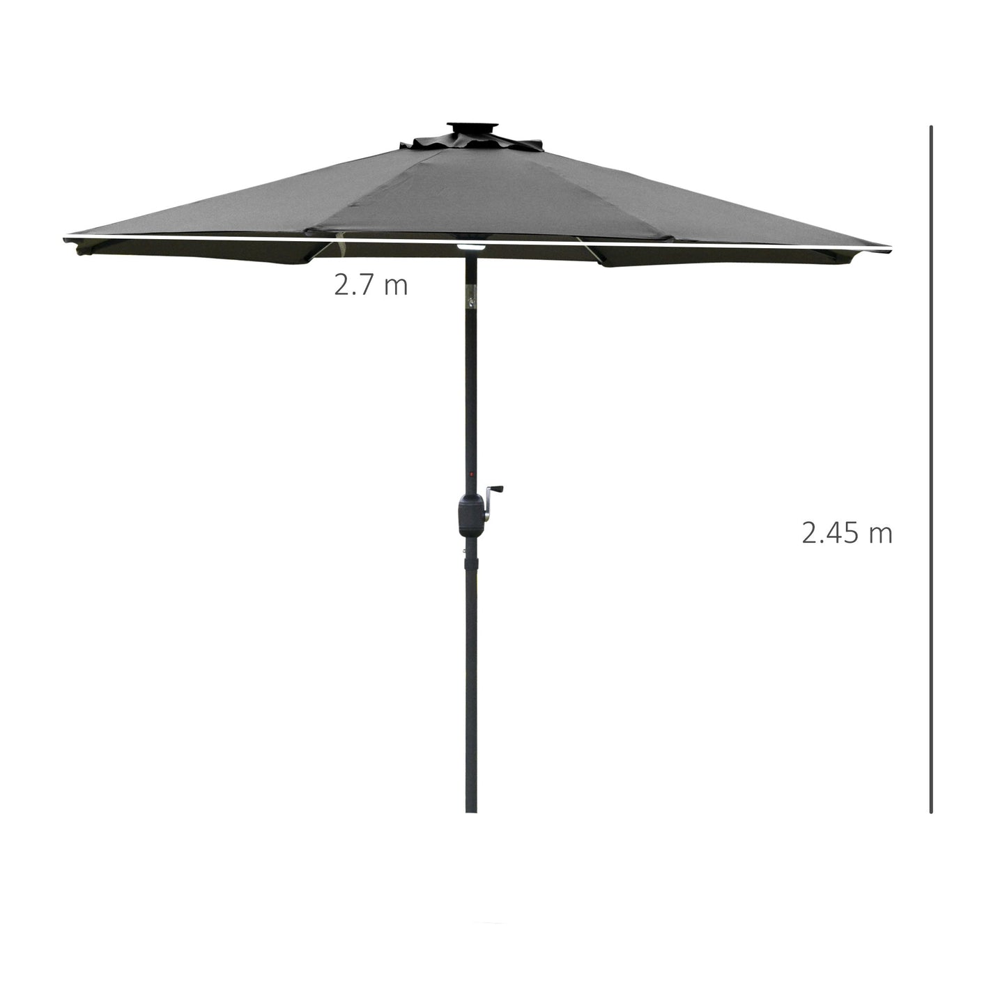 2.7m Garden Parasol Sun Umbrella Patio Summer Shelter w/ LED Solar Light, Angled Canopy Vent, Crank Tilt, Grey