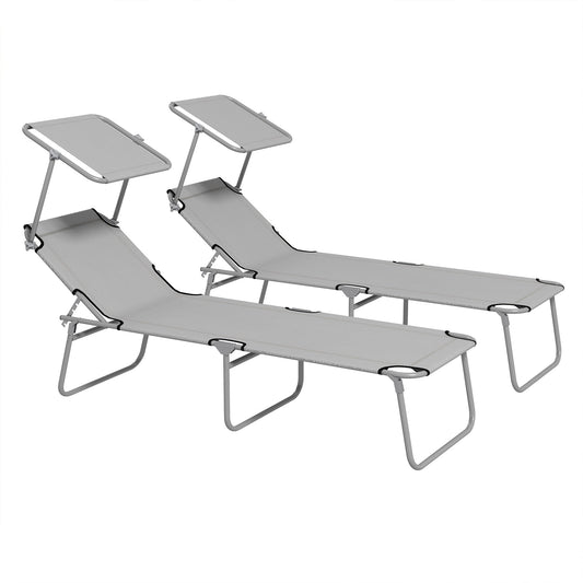 Outdoor Foldable Sun Lounger Set of 2 Reclining Chair With Angle Adjust Sun Shade Awning for Beach, Garden, Patio, Light Grey