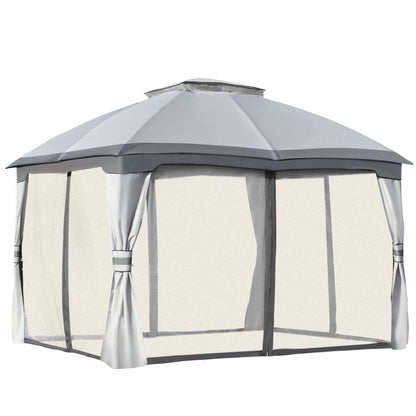 Outsunny 3.7 x 3(m) Metal Gazebo Canopy Party Tent Garden Patio Shelter with Netting Sidewalls & Double Tiered Roof, Grey