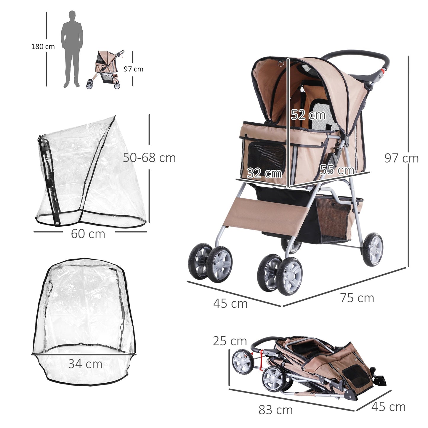 PawHut Dog Stroller with Rain Cover for Small Miniature Dogs, Folding Pet Pram with Cup Holder, Storage Basket, Reflective Strips, Brown