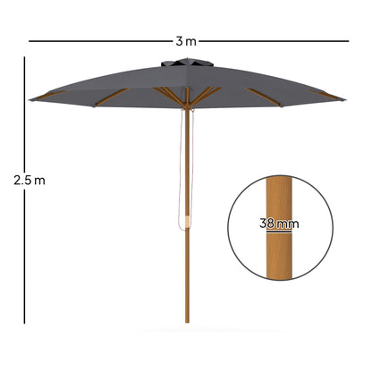 Outsunny 3m Wood Pole Parasol Umbrella - Grey