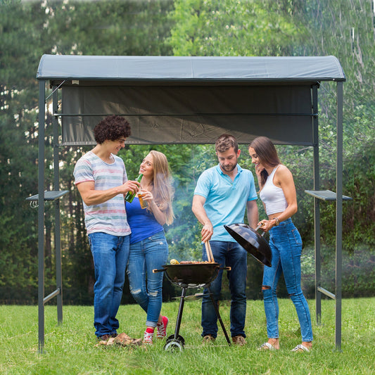 Outsunny 2.2 x 1.4m BBQ Shelter, Outdoor Grill Gazebo Canopy with Shelves, Hanging Hooks, and Metal Frame, for Garden Patio Backyard