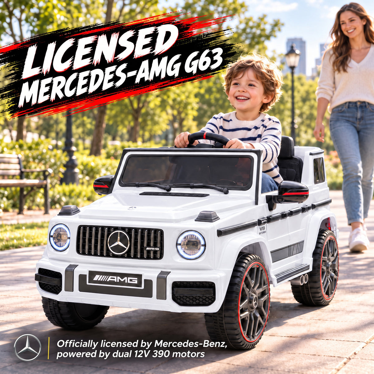 AIYAPLAY Licensed Mercedes-AMG G63 12V Kids Ride on Car with Remote Dual Motors Rear Suspension Slow Start for 3-6 Years, White